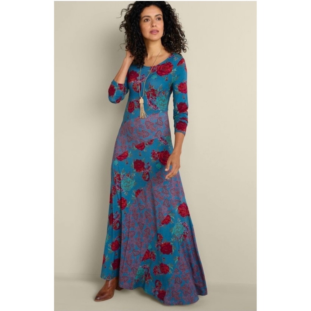 Soft Surroundings Blue Red Floral Paisley Mixed Patchwork Print Maxi Dress Sz S